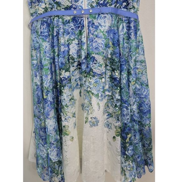 Danny and Nicole Dress Womens 12 Sleeveless Floral Lace Blue/White Belted Dress - Picture 8 of 16